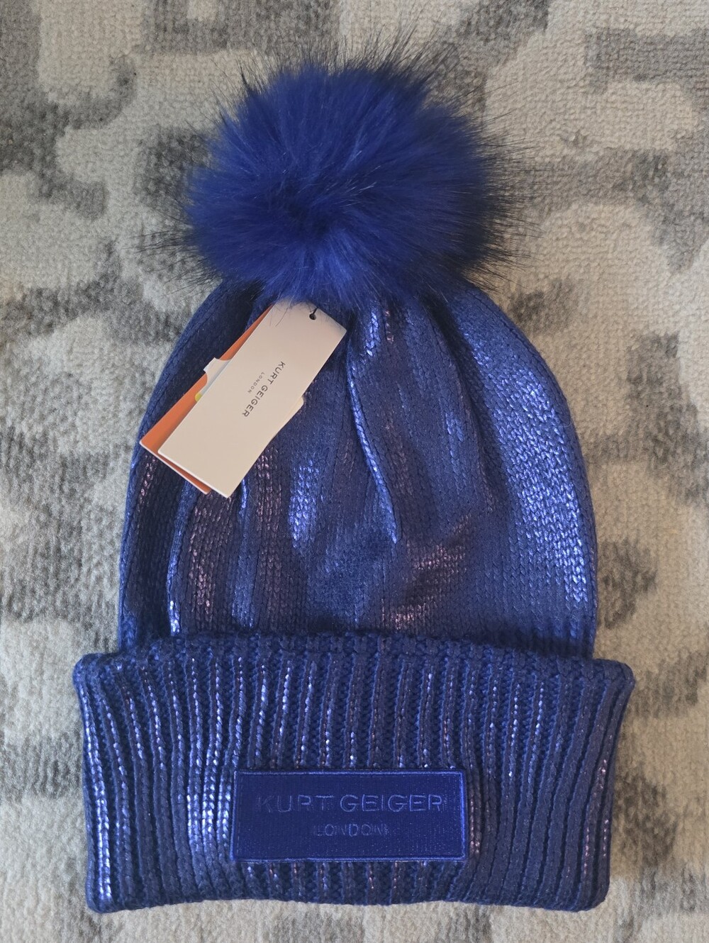 Kurt Geiger London Foil Metallic Pompom Beanie Royal Blue NEW WITH TAGS